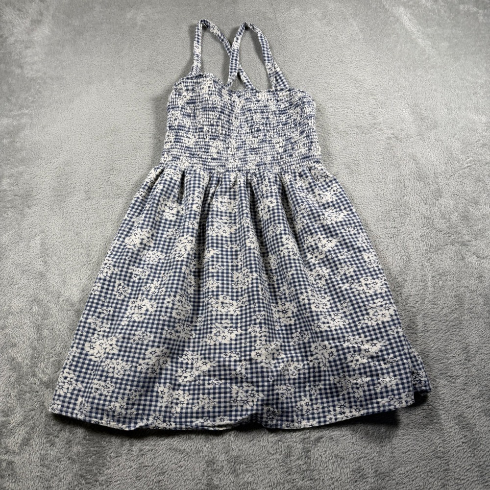 American Eagle Dress Women Small Blue Gingham Floral Cotton Linen Cottagecore